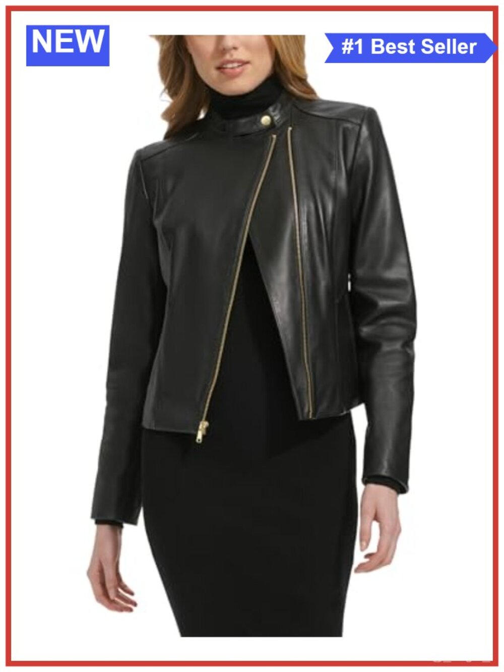 Cole Haan Long Sleeve Leather Jacket Asymmetric Zip Snap Collar